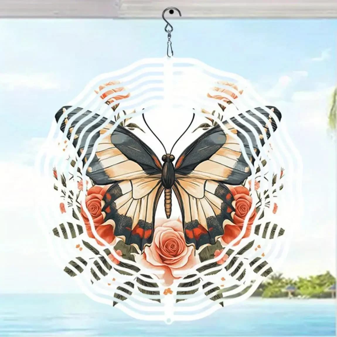 Rose Butterfly Metal Wind Chime Outdoor Garden Decor Kinetic Art for Party Patio Yard Hanging Ornament