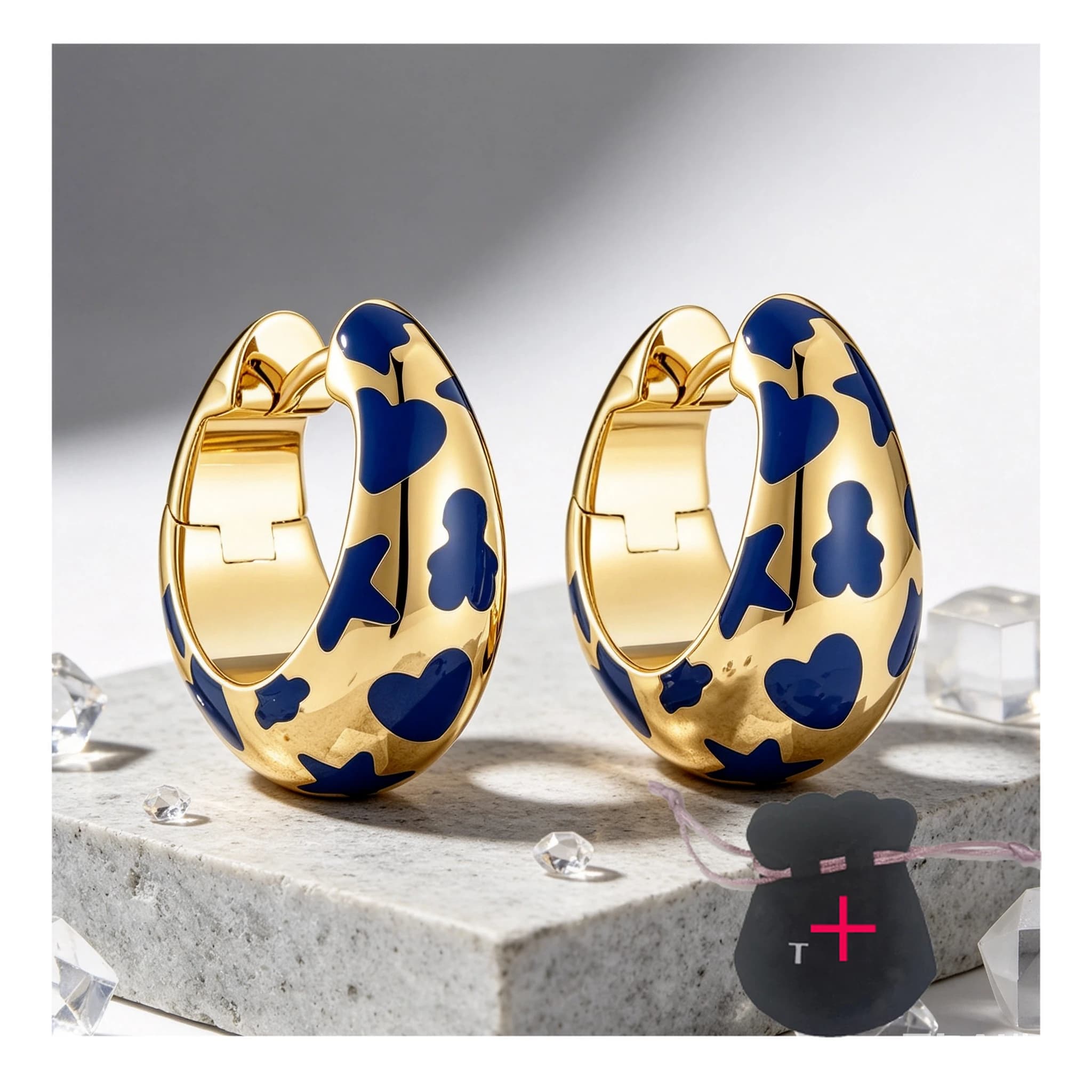 Navy Enamel Bear Heart Star Gold Chunky Hoop Earrings Cute Chic Trendy Women Fashion Ear Decor