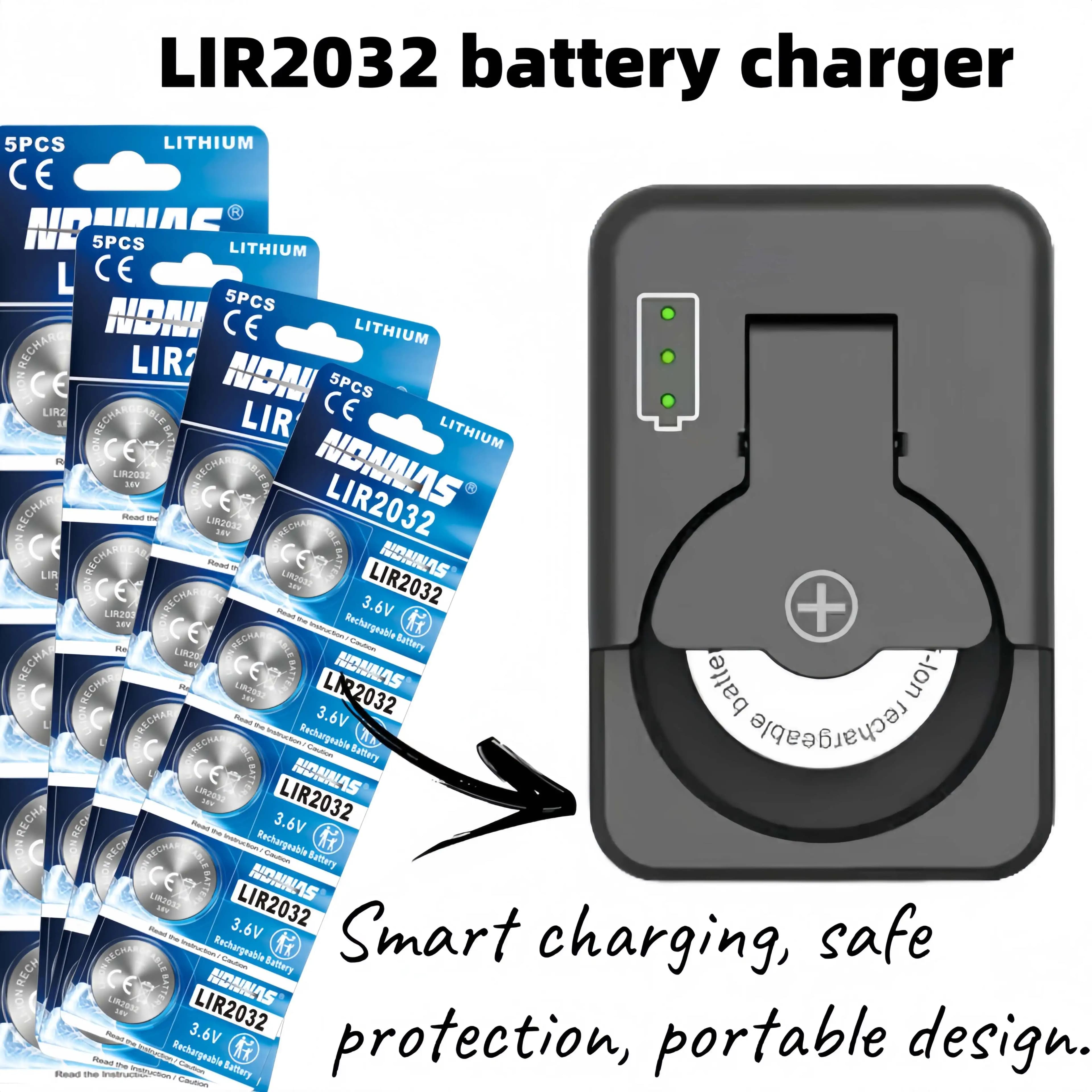 Batteria a bottone al litio ricaricabile LIR2032 3.6V da 5-20 pezzi con caricabatterie per telecomando auto, dispositivo antifurto e allarme.