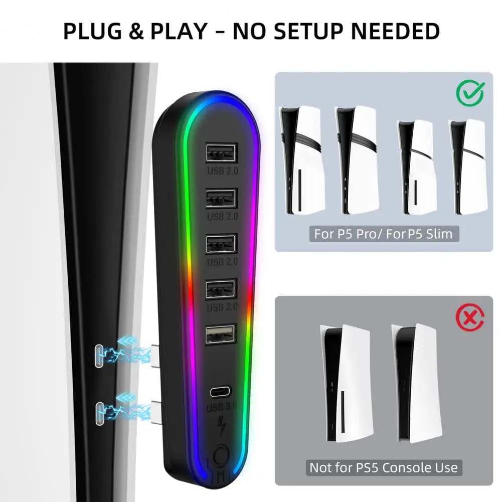 Rgb Illuminated Usb Hub Rgb Light Usb Hub for Ps5 Pro/slim 6 Ports Data Transfer Expansion Hub User-friendly Plug-and-play