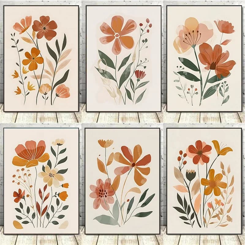 Modern Bohemian Minimalist Neutral Floral Art Retro Posters Prints Diamond Painting Wall Art Picture Living Room Home Decor