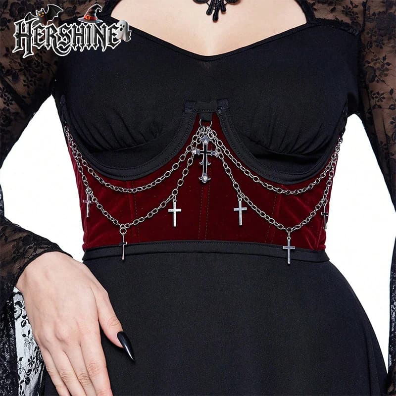 HERSHINE 1-piece Women's Red Velvet Chain Cross Wide Waist Belt, Y2K Gothic Punk Harajuku Style Elegant Accessory，spring，summer