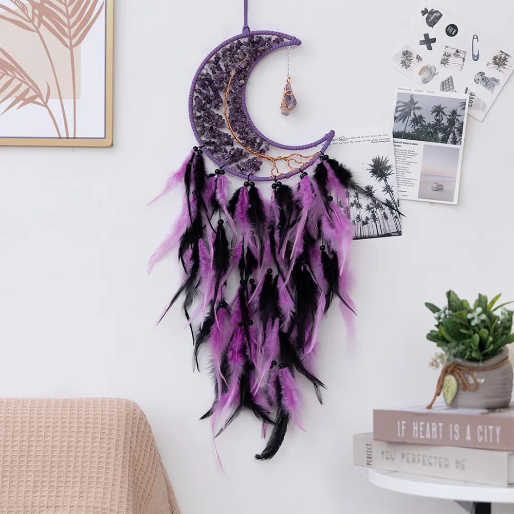 Wholesale dream catcher handmade gemstone moon tree of life dream catcher feather craft pendant DIY wall decoration
