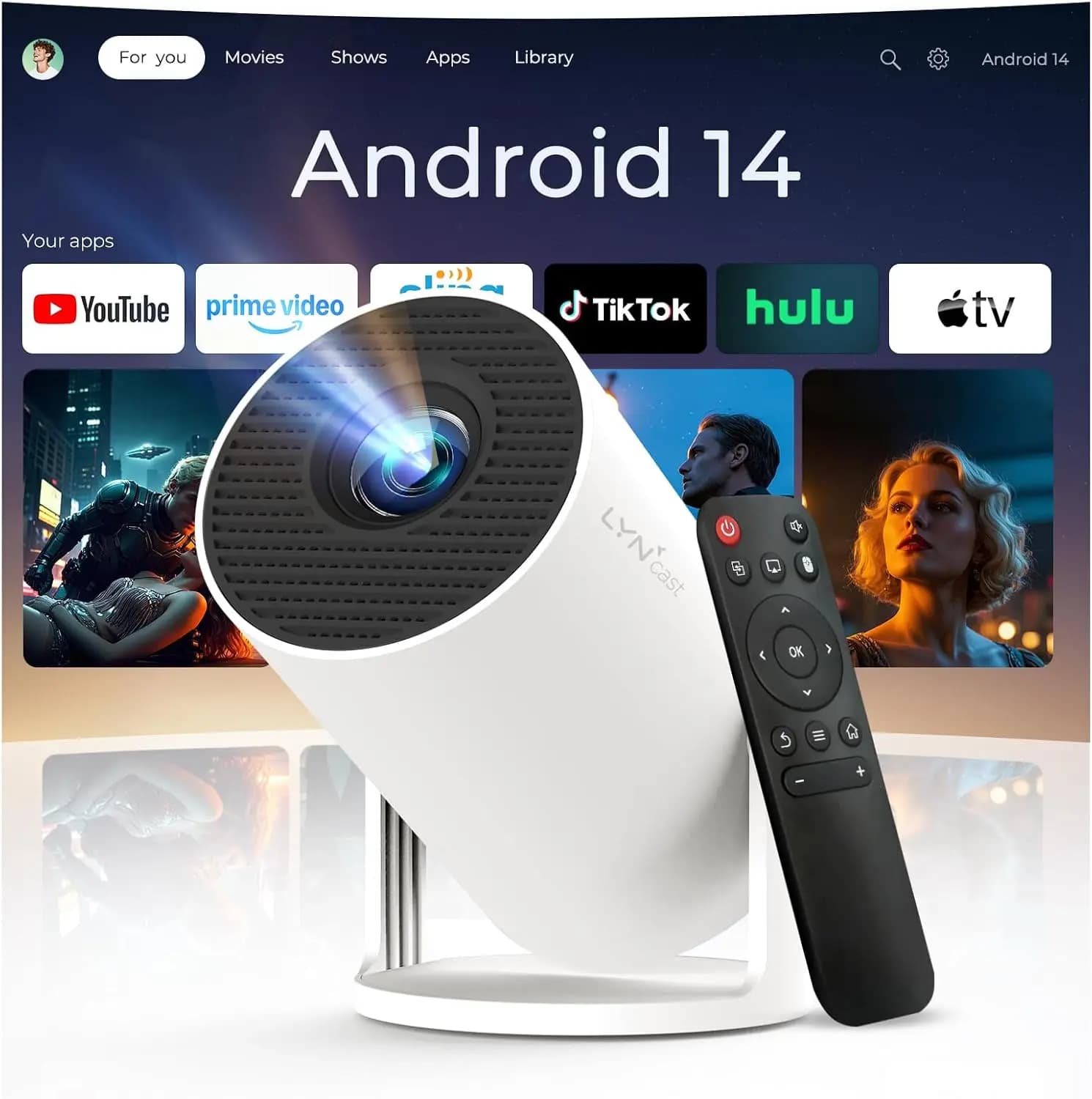 Mini Proiettore WiFi 6 Bluetooth con Android 14, Supporto 1080P/4K, Correzione Automatica Keystone, Home Theater Portatile