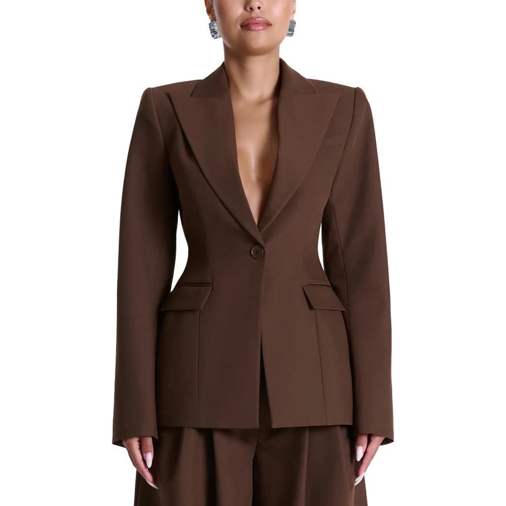 Completo da Donna Marrone 2 Pezzi: Giacca e Pantaloni Eleganti da Sera, Blazer Monopetto con Revers a Punta, Pantaloni Plissettati Personalizzati