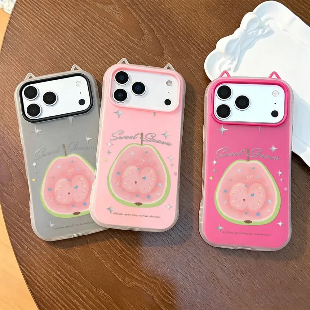 3D Cat Ear Design Phone Case for Apple iPhone 17 16 14 13 12 Pro Max 15 11 Cases Pink Guava Fresh Girly Sweet Fruit Vibe Capinha
