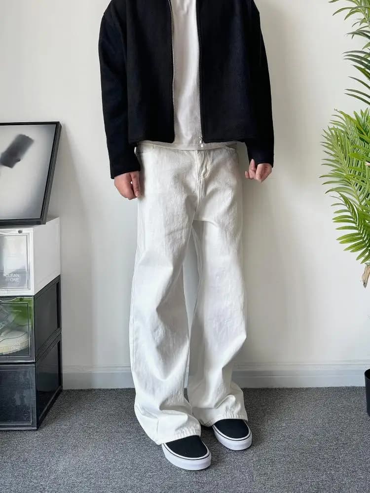 American High Street Retro White Bull Basic Wide Leg A-Line Washed Original Color Men's Loose Straight Long Jeans