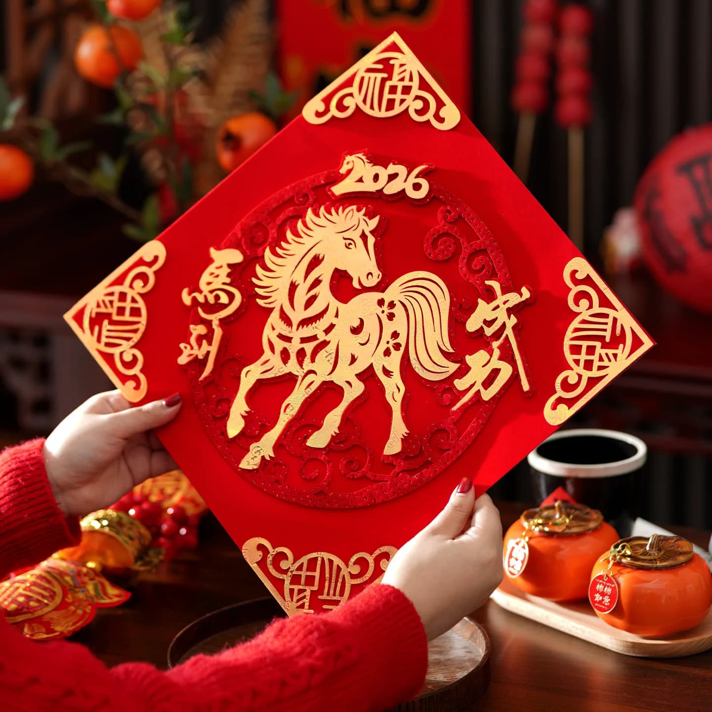 Wall decal for 3D Windows with Fu Characters, Engraving Laser Floccata, Wall decal for Chinese New Year's Doors, Hot Print, Grills for Windows Inspection, Wall Decoration