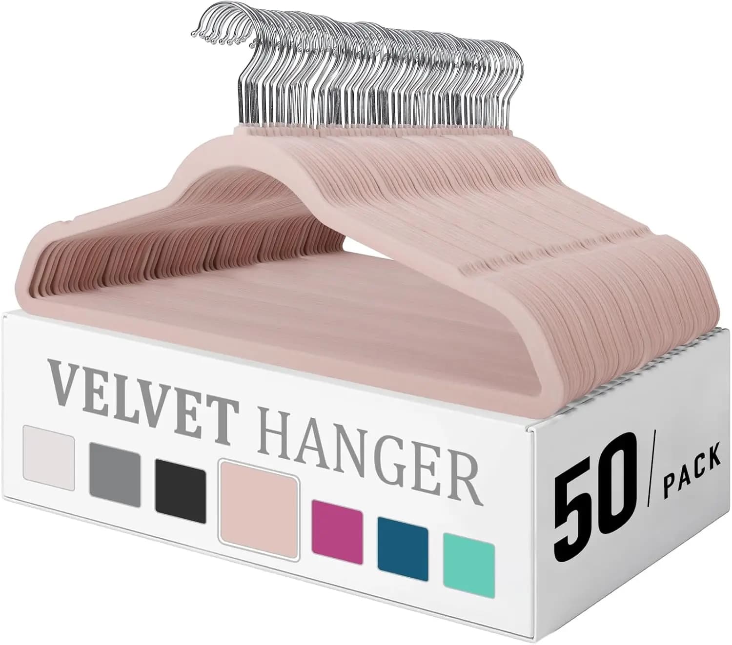 Velvet coat hanger - Robusti, Rosa, Anti-slip, Salvaspazio; Pack of 50 for Coats, Pants and Dresses