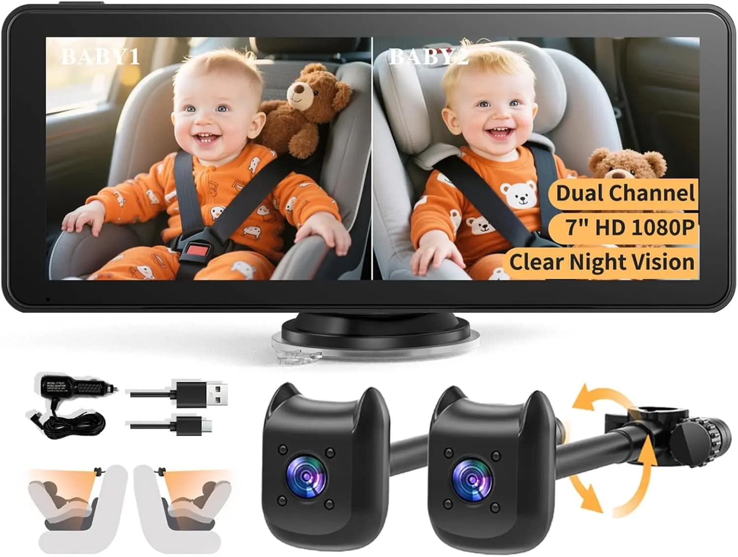 Monitor per Bambini con Doppia Telecamera e Schermo Diviso da 6,9 Pollici per 2 Bambini, HD 1080P con Visione Notturna e Miglioramento Automatico, Facile Installazione
