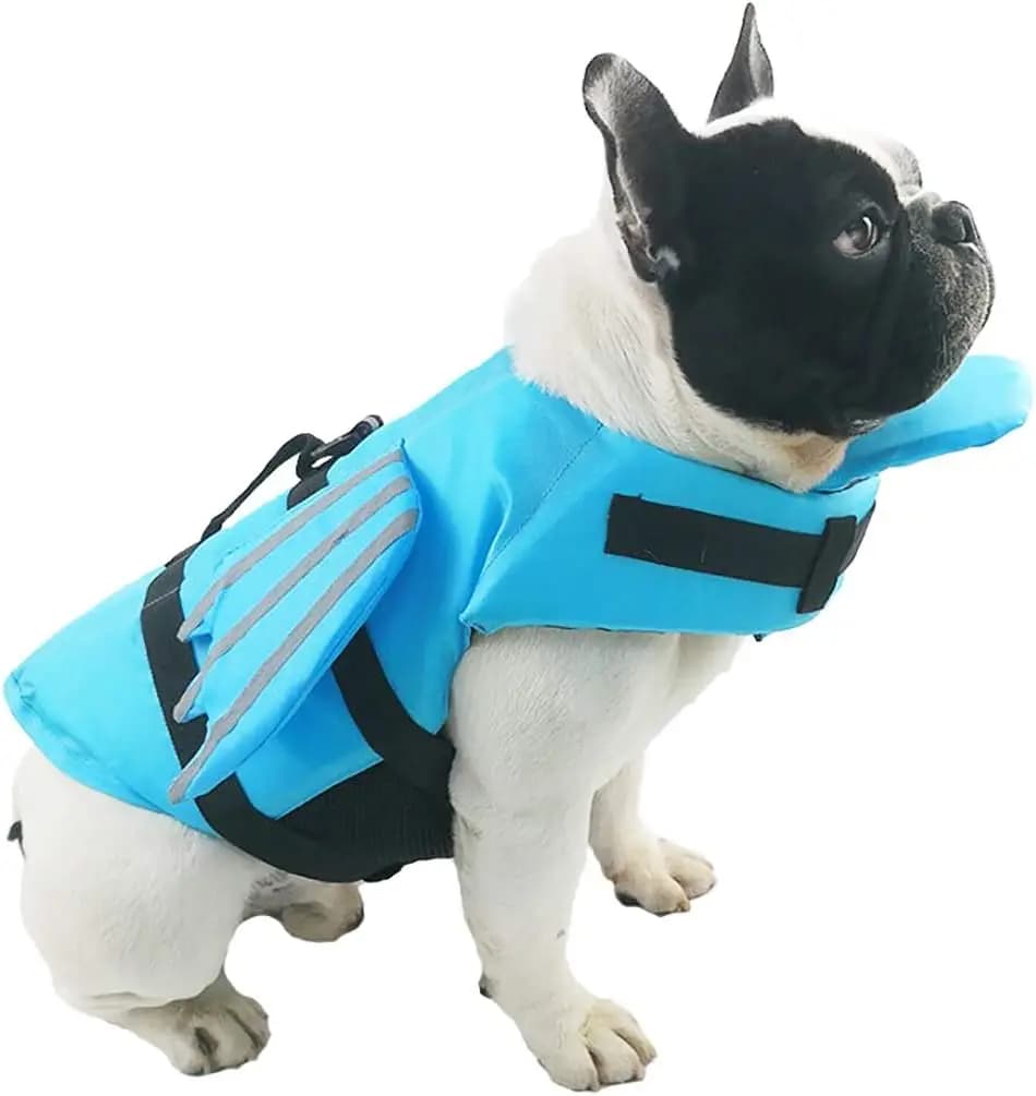 Gilet di salvataggio per cani affidabile con ali galleggianti al mento Gilet di salvataggio per gatti per il nuoto Costume da bagno di sicurezza per animali domestici con striscia riflettente blu