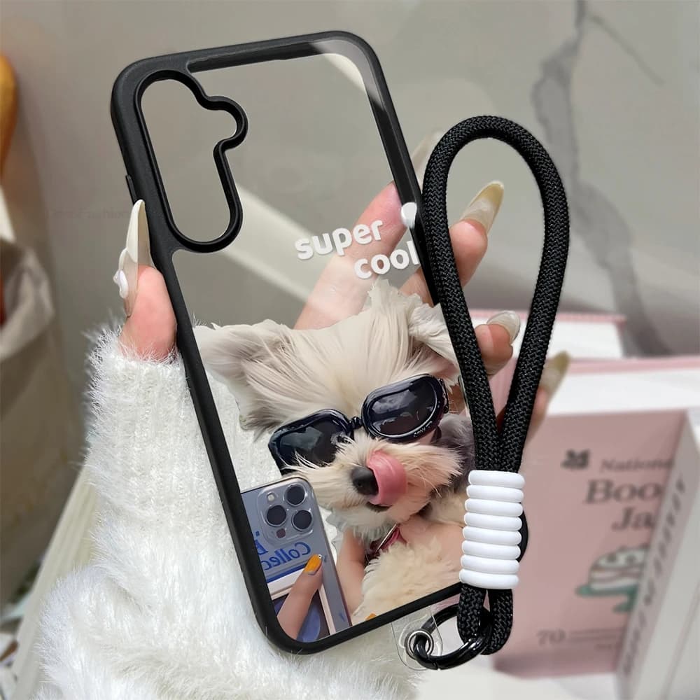 Cute Puppy Transparent Phone Case For Samsung S26 Ultra S25 A57 A36 A26 A17 A37 A56 A16 A06 A07 Shockproof Cover With Lanyard