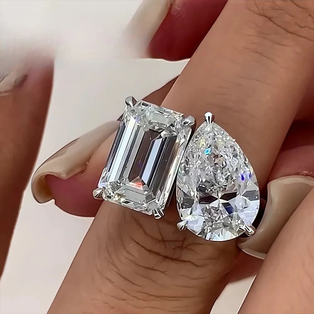Anelli di fidanzamento da donna con moissanite taglio pera e smeraldo da 5 carati, due pietre, in argento sterling 925, con certificato
