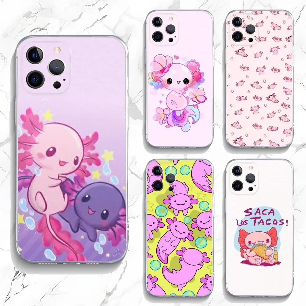 Simpatica custodia per telefono Axolotl per iPhone 15,14,13,12,11 Plus,Pro,Max,XR,XS,X,7,8 Plus,SE,Mini morbida in silicone trasparente