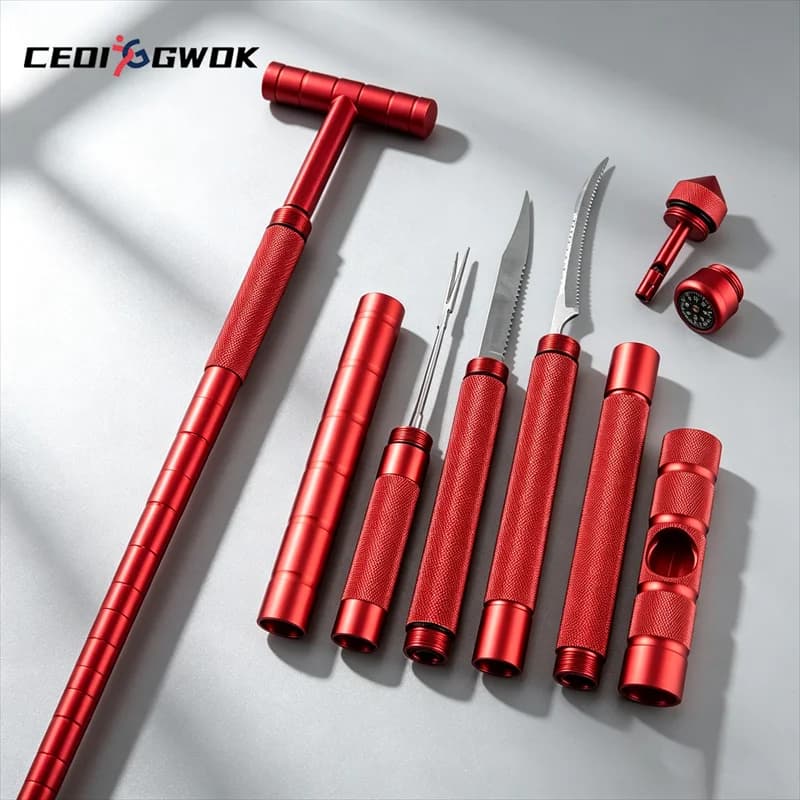 CEOI GWOK Lightweight Aluminum Alloy Folding Trekking Pole Compass Detachable Multifunctional Hiking Stick Outdoor Walking Stick