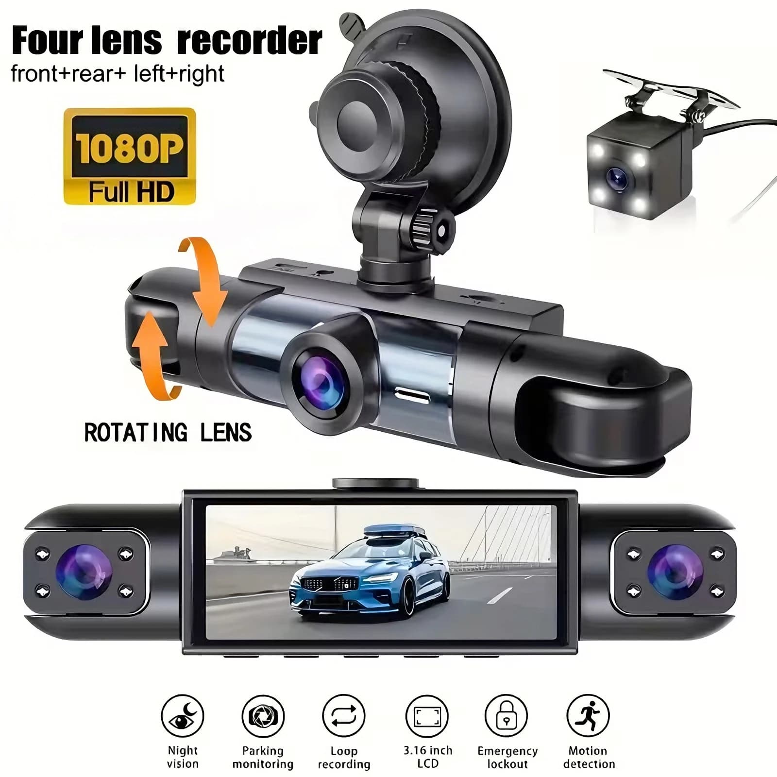 Obiettivo 3/4 1080P 360 ° Registrazione Videocamera per auto anteriore sinistra destra posteriore Black Box Dash Cam Videoregistratore DVR Visione notturna Parcheggio 24 ore