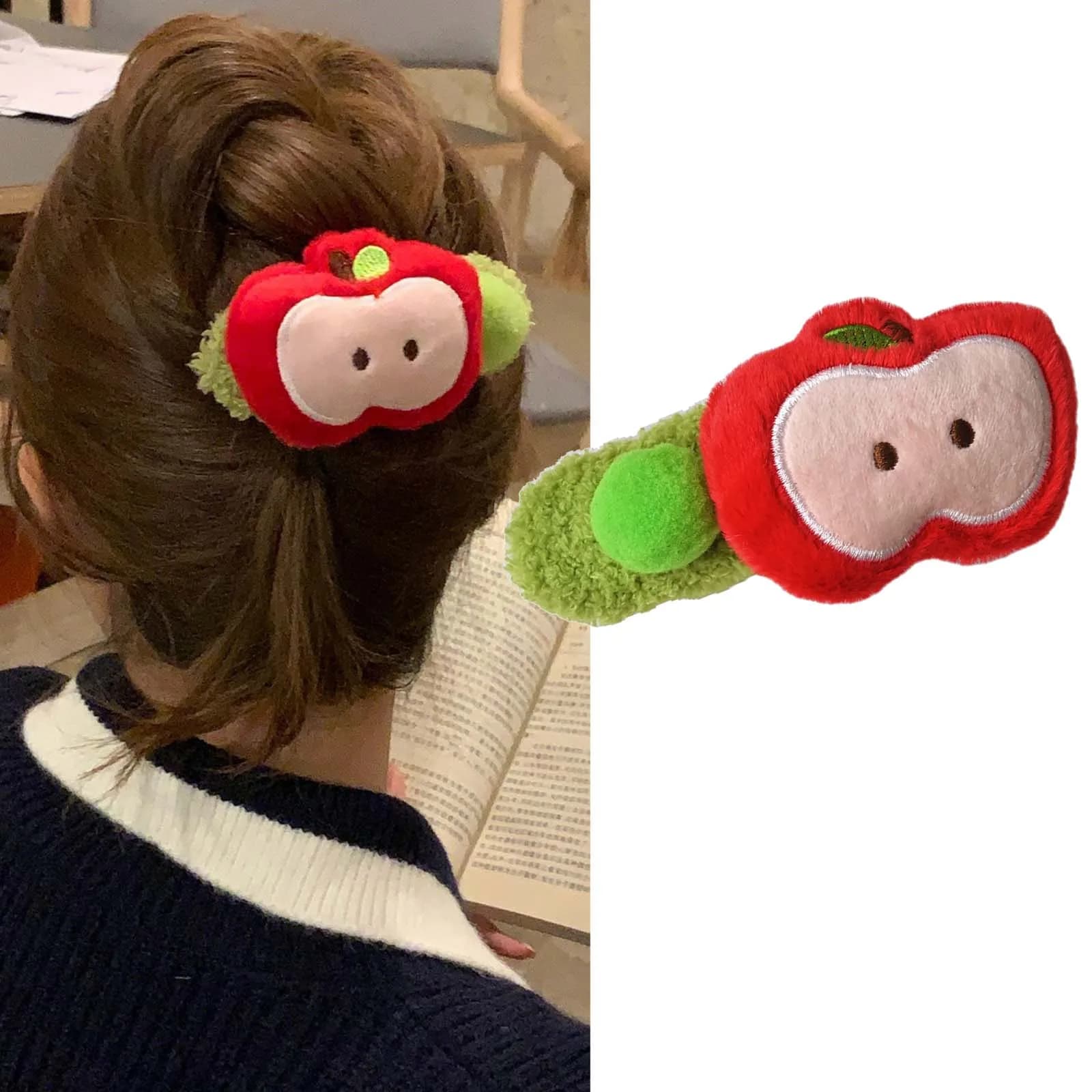 1 hair clip in cute apple shaped plush, Kawaii fruit hair accessory for girls, sweet hair decoration