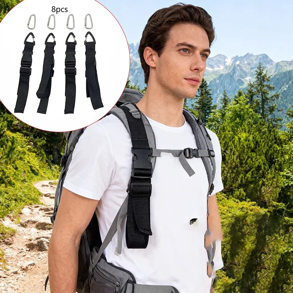 Set of accessories for 8-piece outdoor bags, includes 4 hooks and 4 straps, for travel clothing, hat straps and quick access to outer backpack accessories