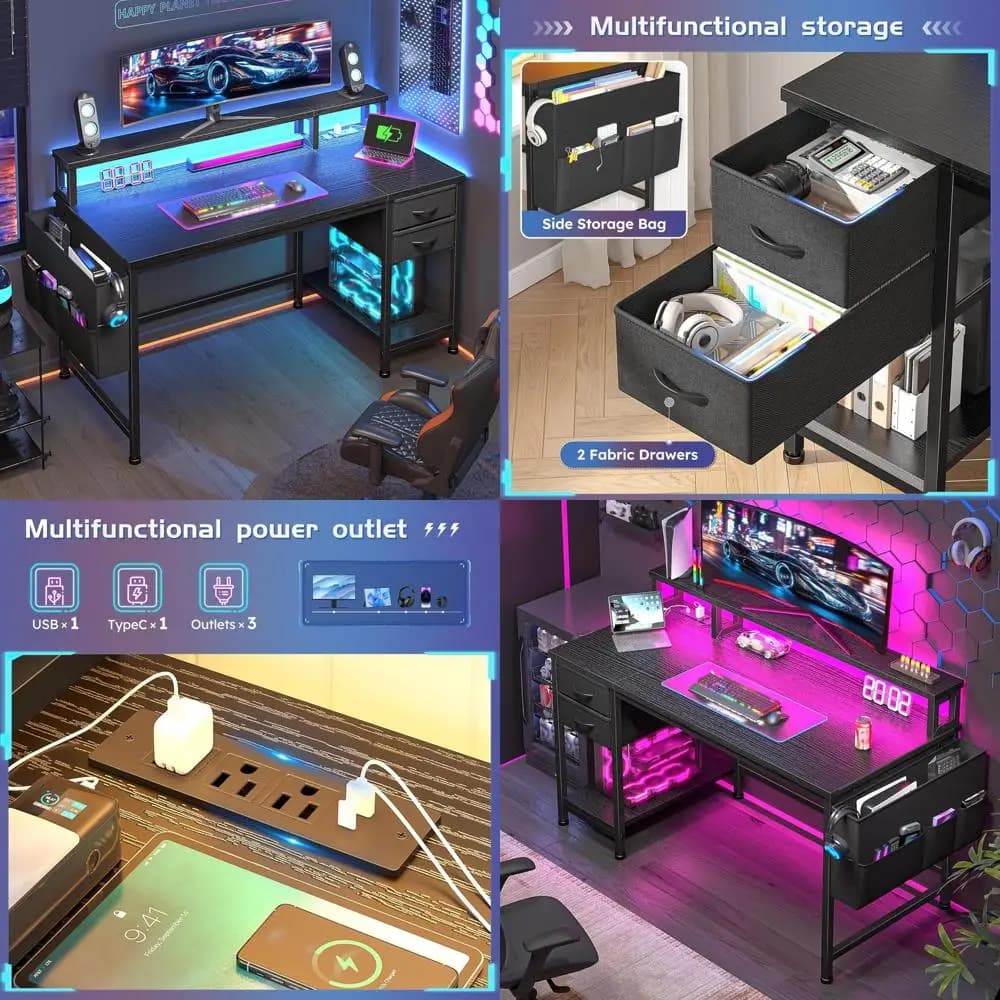 LED illuminated computer desk with storage drawers and sockets, ergonomic gaming desk with monitor support for Home Office U