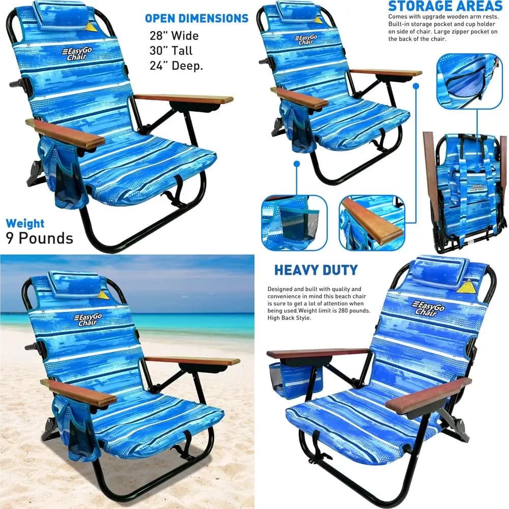 Set di 2 Sedie da Spiaggia Blu con 5 Posizioni, Portabicchieri, Cuscino Imbottito e Borsa Portaoggetti