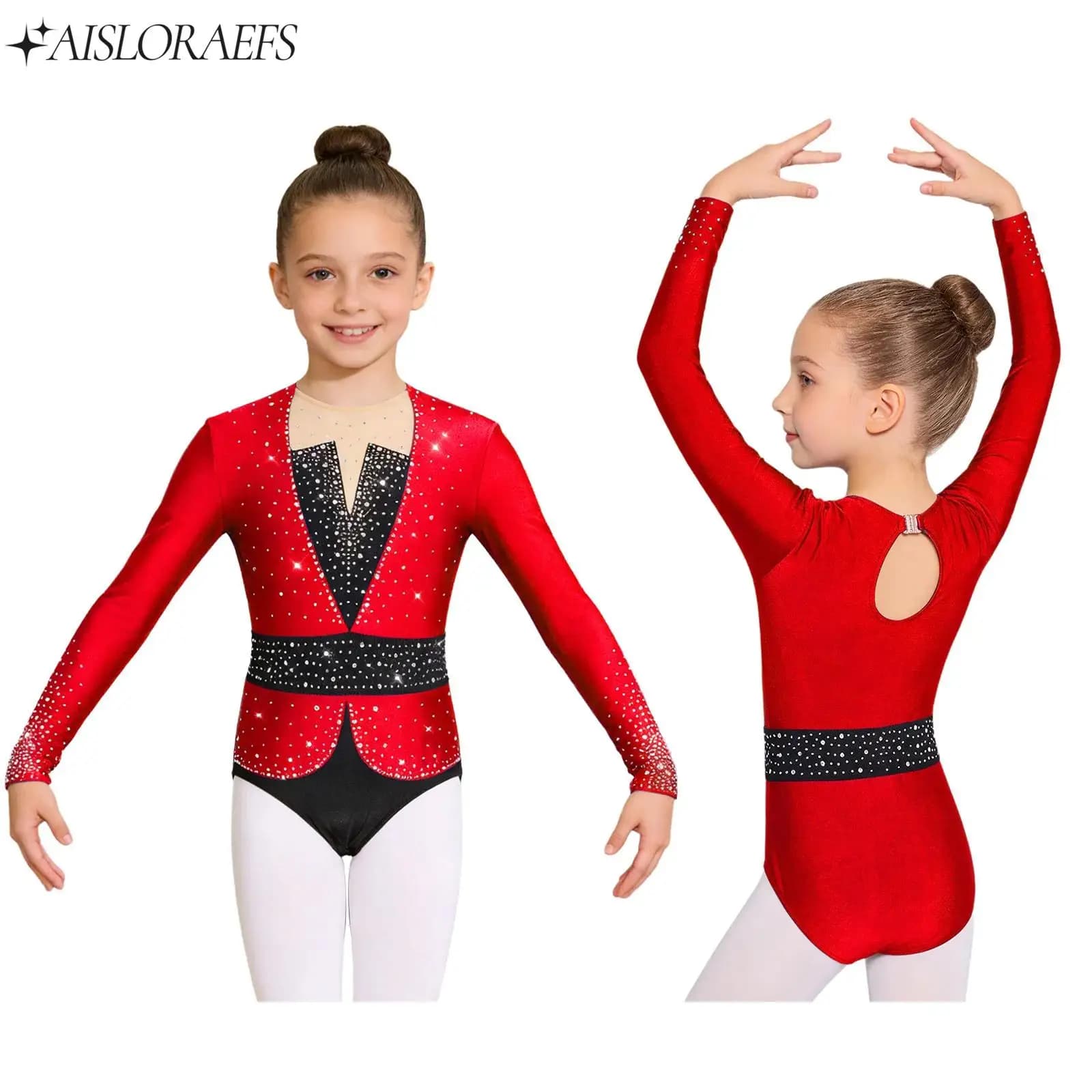 Costume da Ginnastica Ritmica per Ragazze con Strass Luccicanti, Body a Maniche Lunghe per Danza e Pattinaggio Artistico