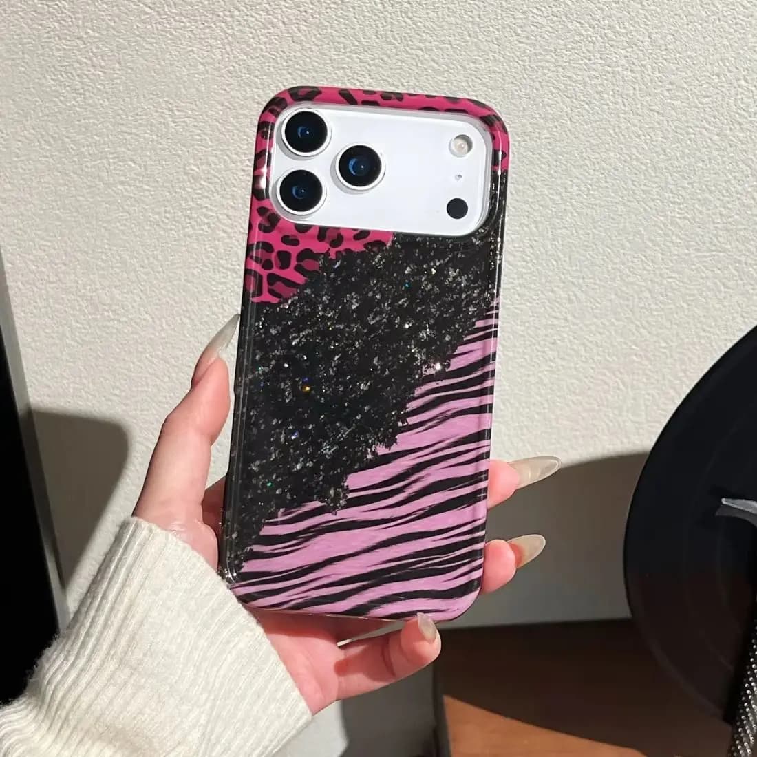 Custodia Popolare Bling Glitter Sexy Nera con Stampa Leopardata e Rose per iPhone 17 16 15 14 Pro Max, Cover Posteriore Rigida Antiurto IMD