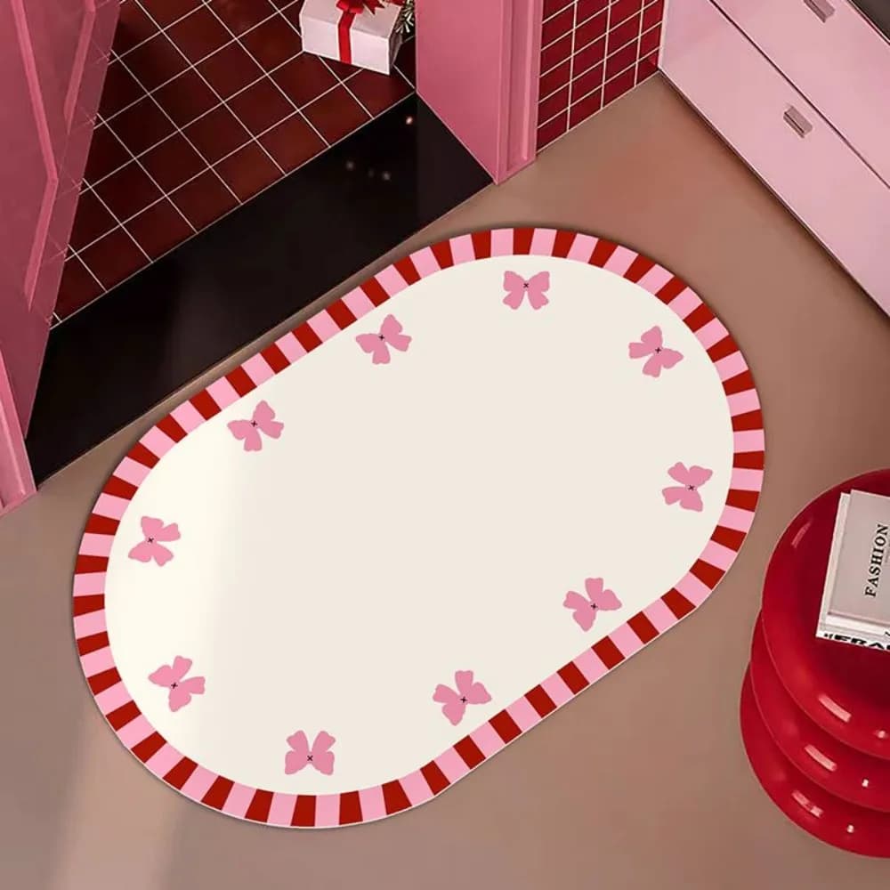 VIKAMA Pink Butterfly Clashing Oval Rug Cute Sweet Wind Floor Mat Bathroom Absorbent Anti Slip Foot Mat Home Decoration