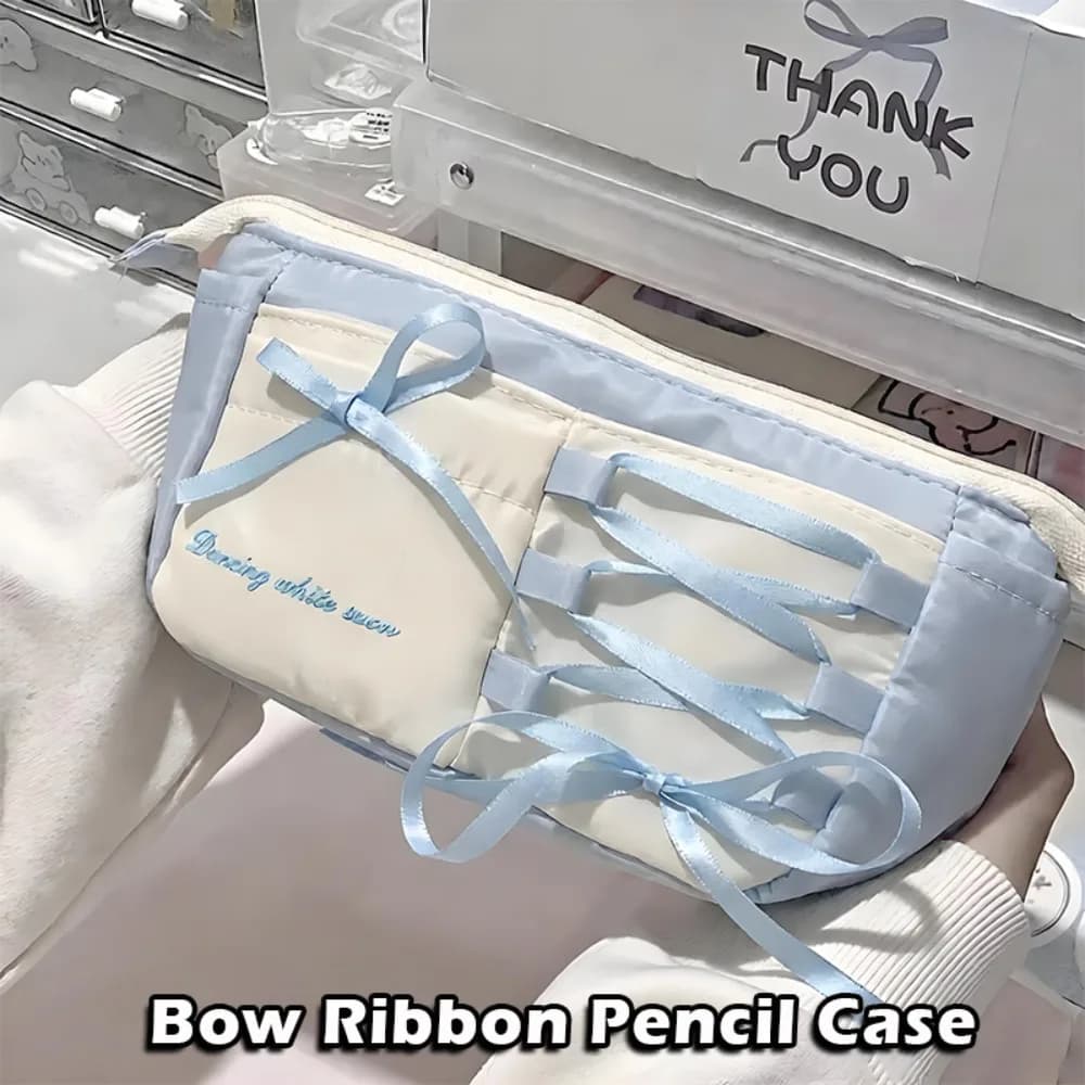 Multi-function Blue Ballet Style Pen Bag Bow Ribbon Large Capacity Pencil Case Pen Box Student