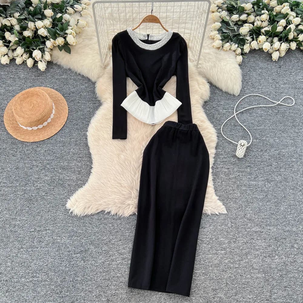 Vintage Elegant long sleeve Beading pencil dress korean Fashion women clothing autumn dresses Two Piece Set
