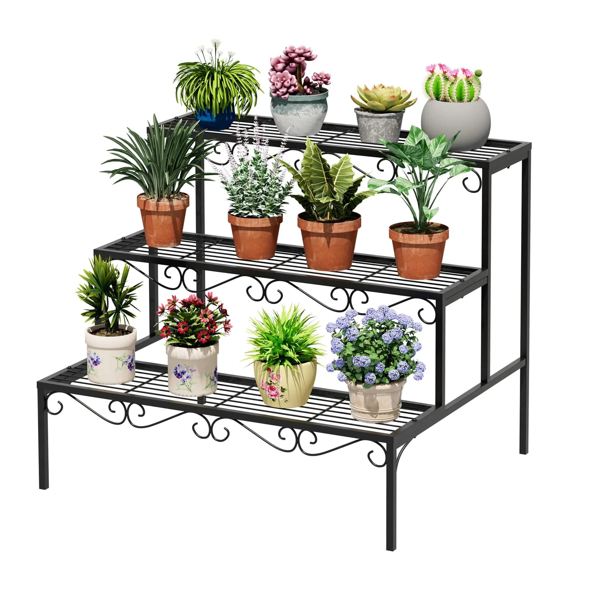 Supporto per Vasi, Scaffale a 3 Livelli per Fiori, Espositore a Scala in Metallo per Piante Succulente, per Interni ed Esterni, Nero
