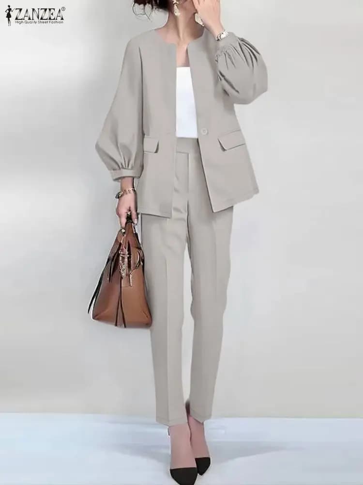 ZANZEA Elegant OL 2 Pieces Pant Sets Fashion O-Neck Lantern Sleeve Outerwear and Pencil Pants Suits Spring 2026 Woman Outfits