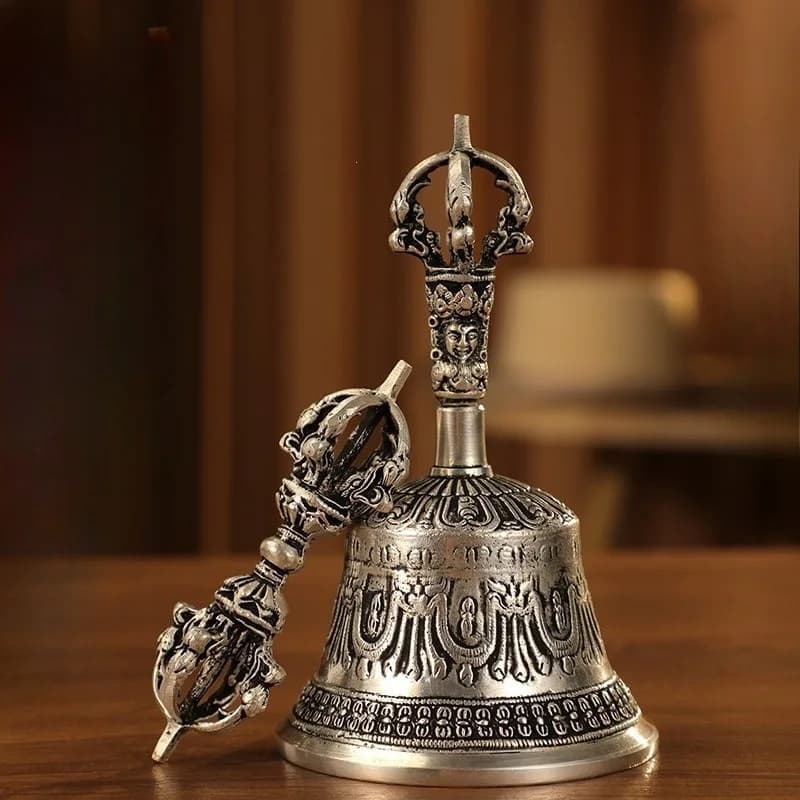 Handmade Vajra Bell Pestle Tibetan Buddhist Copper Yoga Meditation Hand Bell Nepal Engraved Retro Sound Healing Instruments