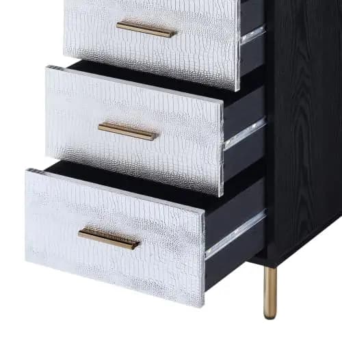 Modern 4-Drawer Lockable Jewelry Storage Tower With Mirror, Black Frame And Textured Silver Front For Rings, Necklaces, Earrings