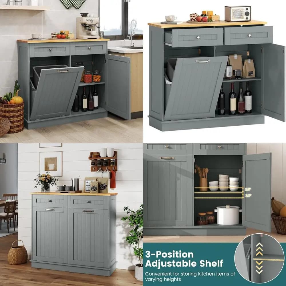 Credenza con Ripiani Regolabili, Contenitore per Riciclaggio a Prova di Animale Domestico e Cesto Portabiancheria Grigio per Zona Pranzo