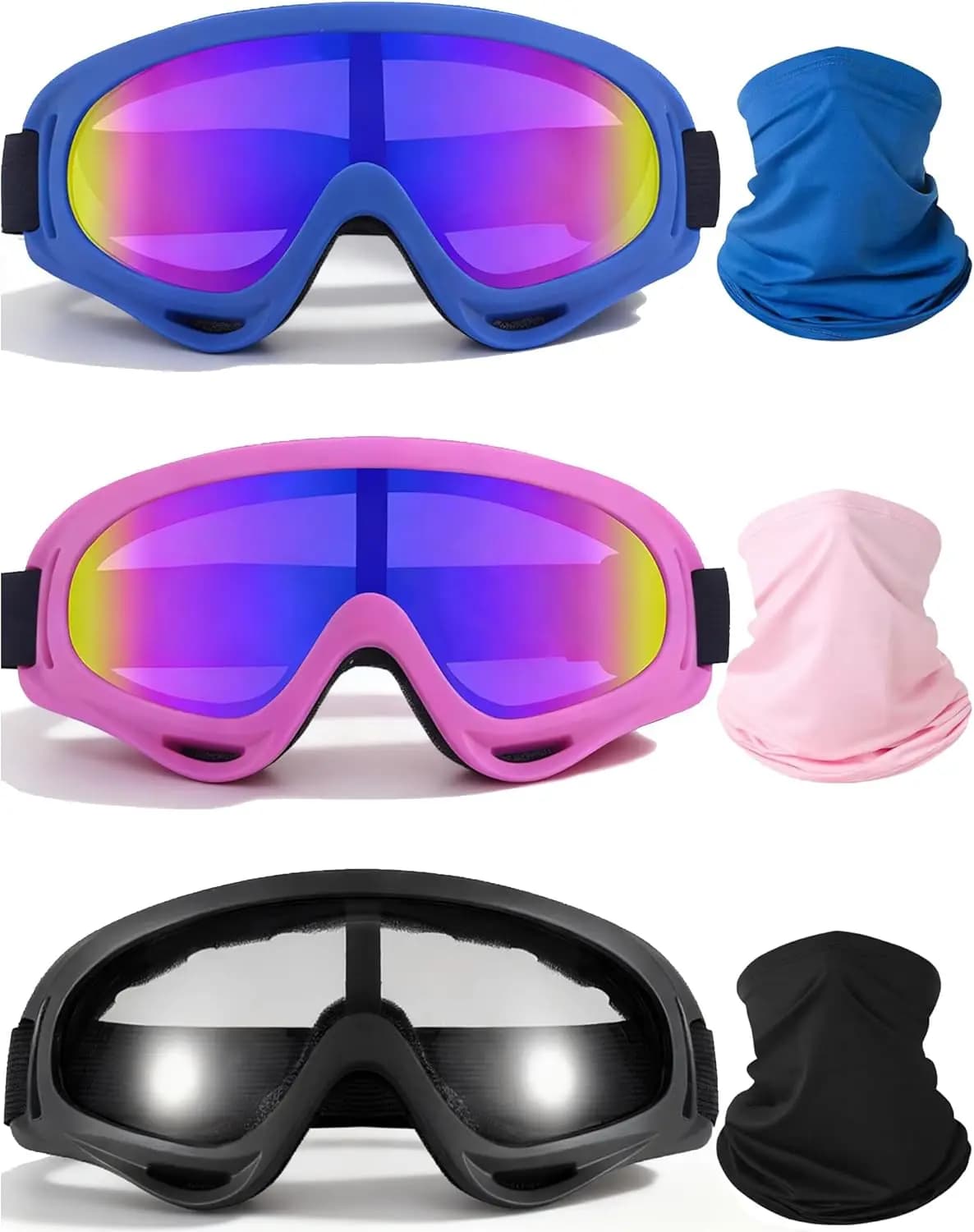3 Paia di Occhiali da Moto con Protezione UV, Occhiali da Sci con Scaldacollo per Protezione da Polvere e Vento