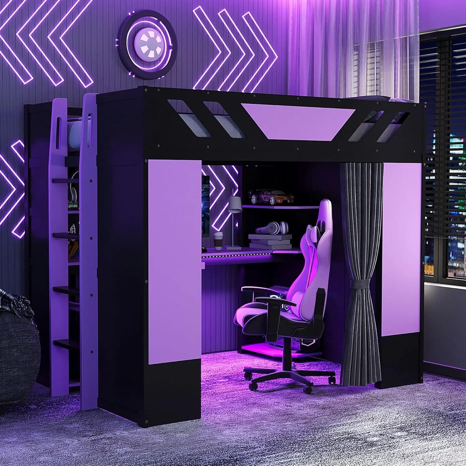 Letto a soppalco a grandezza naturale con scrivania, scaffali portaoggetti e tende oscuranti, struttura letto a soppalco in legno per gaming con striscia luminosa, personalizzabile