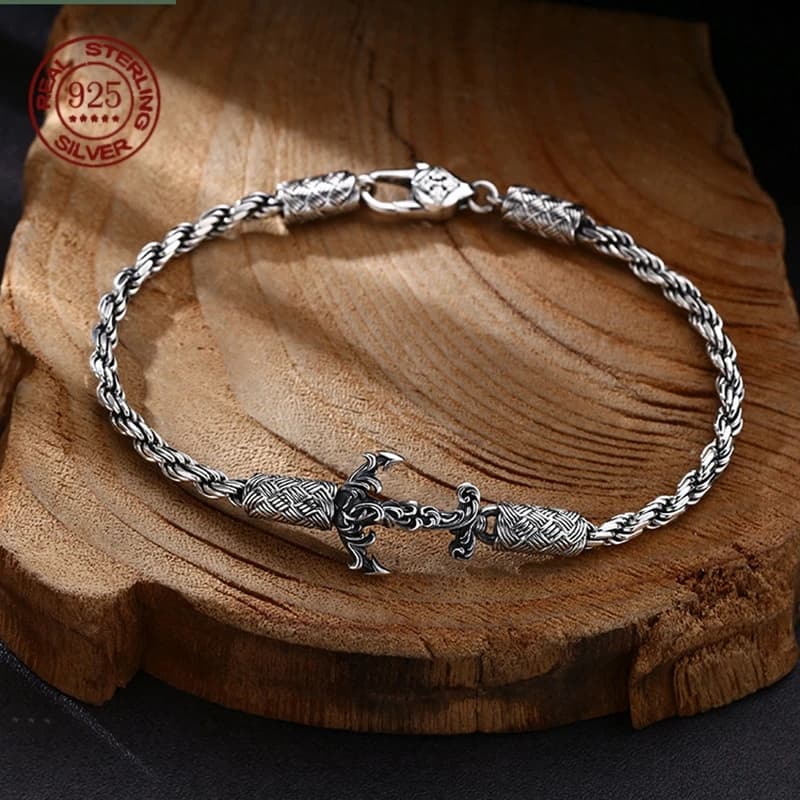 Turkish style vintage handmade twine boat anchor bracelet Men Women S925 Sterling Silver punk Jewelry Creativity Gift