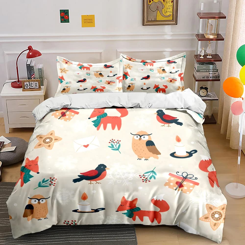 Set di biancheria da letto con stampa di animali festivi e fiocchi di neve, 1 copripiumino, 2 federe per adulti e bambini, regalo di lusso, misura completa