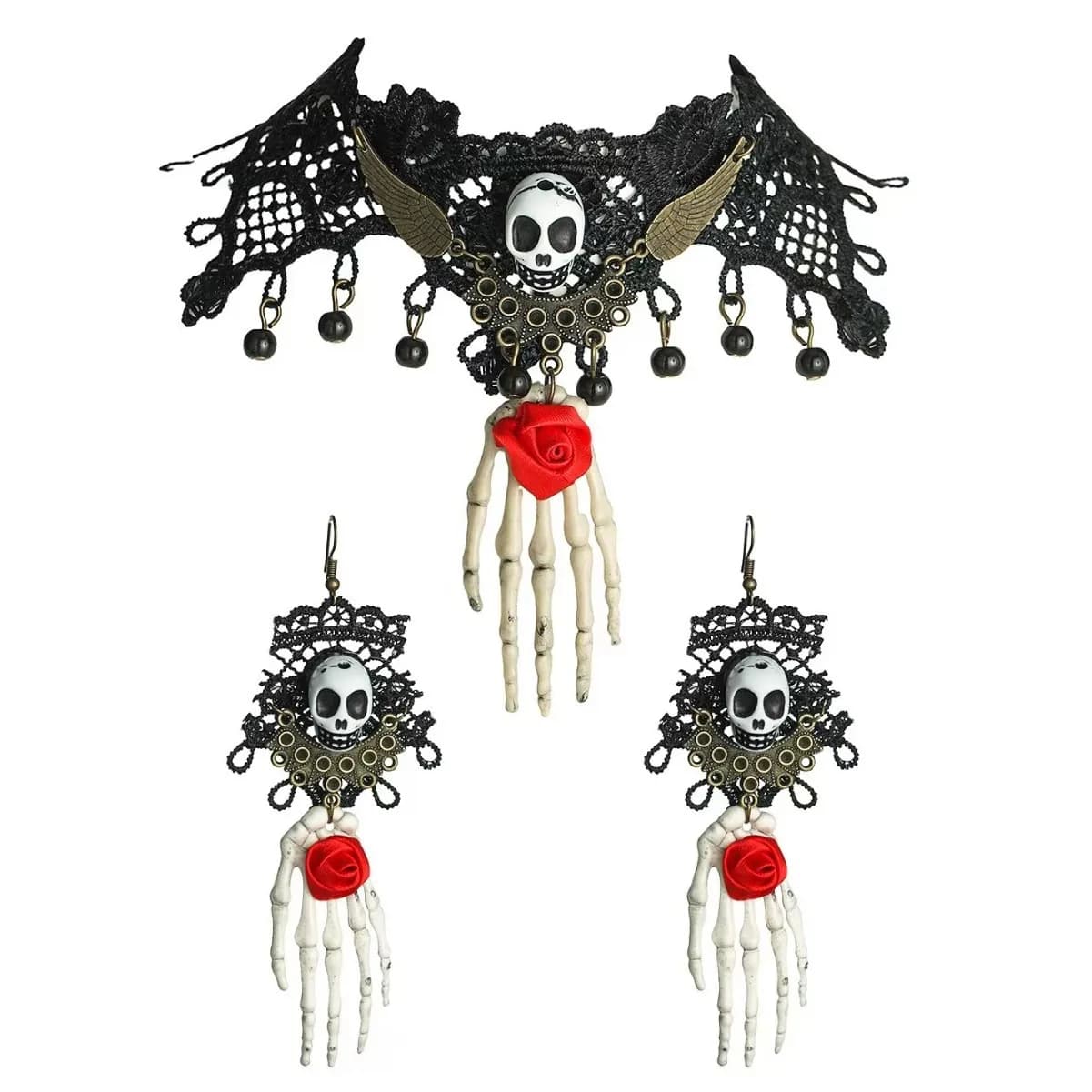 Teschio scheletro pendenti a mano collana orecchini set di gioielli catena clavicola in pizzo Halloween girocollo gotico strega accessori cosplay