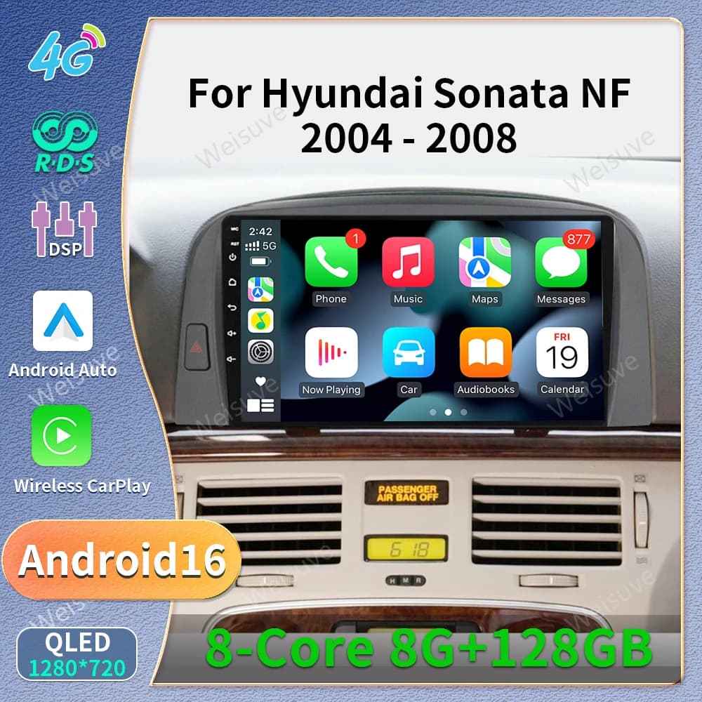 Android 16 9Inch 4+64G Screen For Hyundai SONATA NF 2004 2005 2006 2007 2008 Car Radio Stereo Multimedia Player GPS Carplay Auto