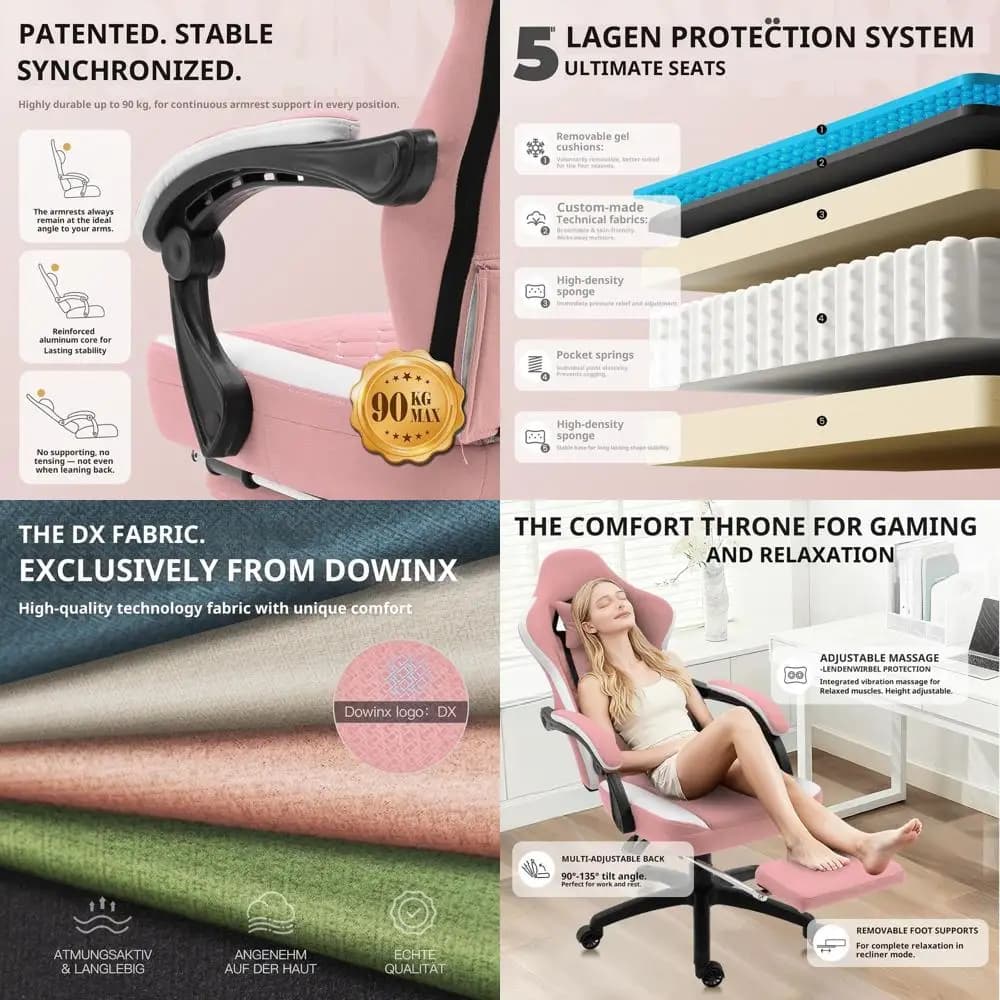 Sedia da Gaming in Tessuto Traspirante con Cuscino in Gel, Borsa Portaoggetti e Poggiapiedi, Comfort Ergonomico per Giocatori, Rosa