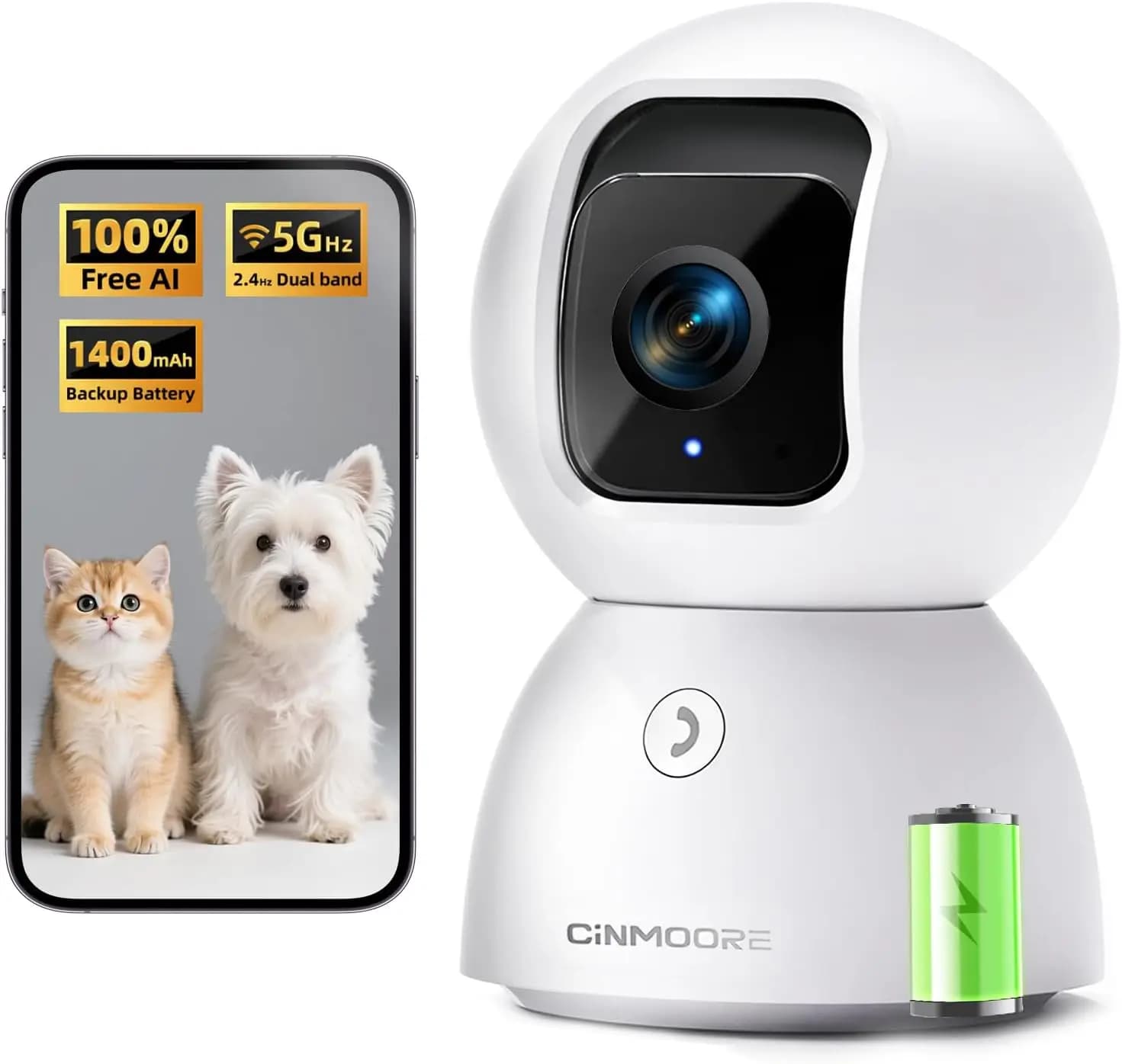 Telecamera di Sicurezza Wi-Fi 5G 3K per Interni, Batteria di Backup per Protezione da Interruzioni di Corrente, Tracciamento AI, Telecamera per Animali Domestici/Cani da 5MP con Altoparlante, PTZ