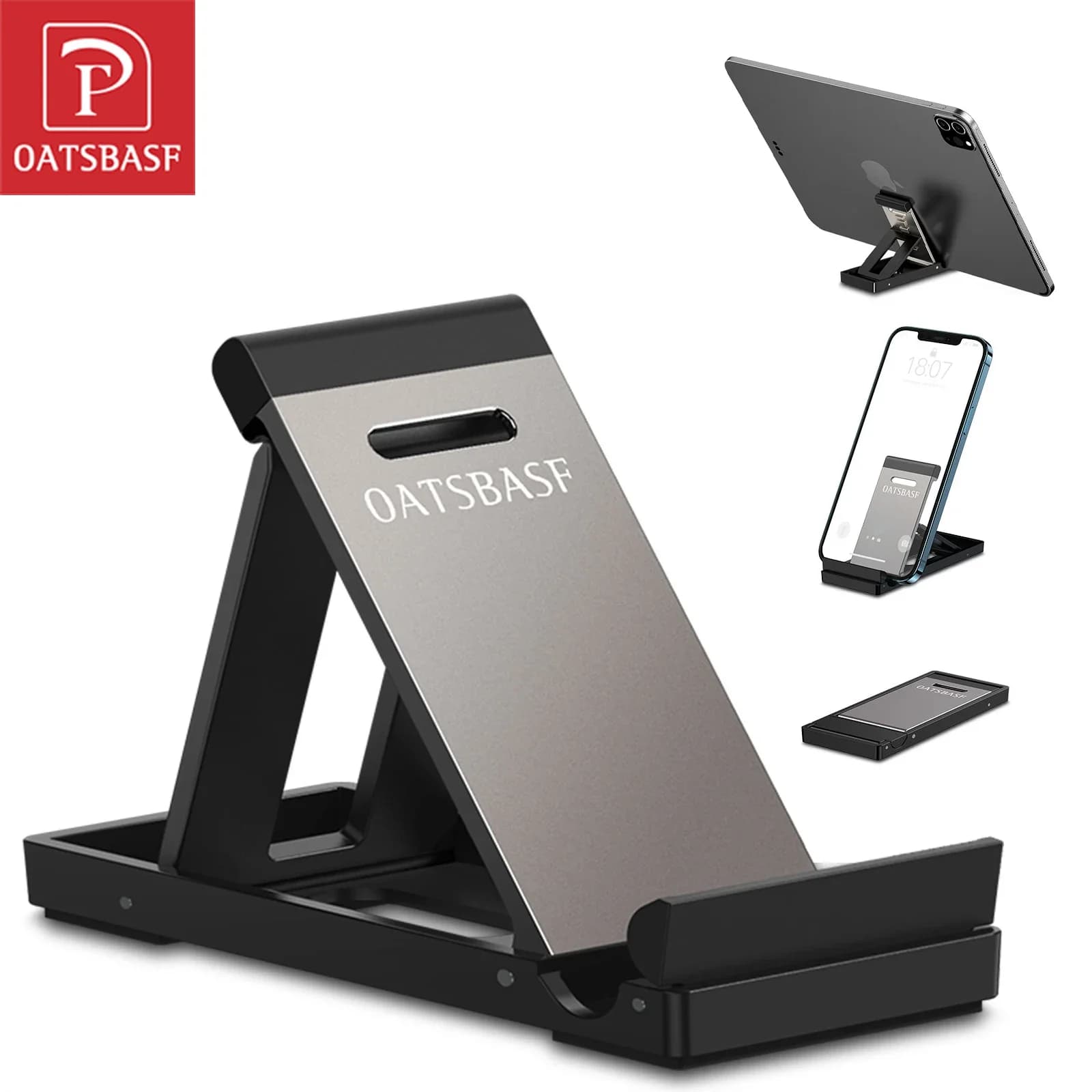 Oatsbasf Supporto per tablet portatile per telefono Supporto per telefono da tavolo pieghevole regolabile in altezza Espositore per CD sottile per dispositivo da 4-12,9 pollici