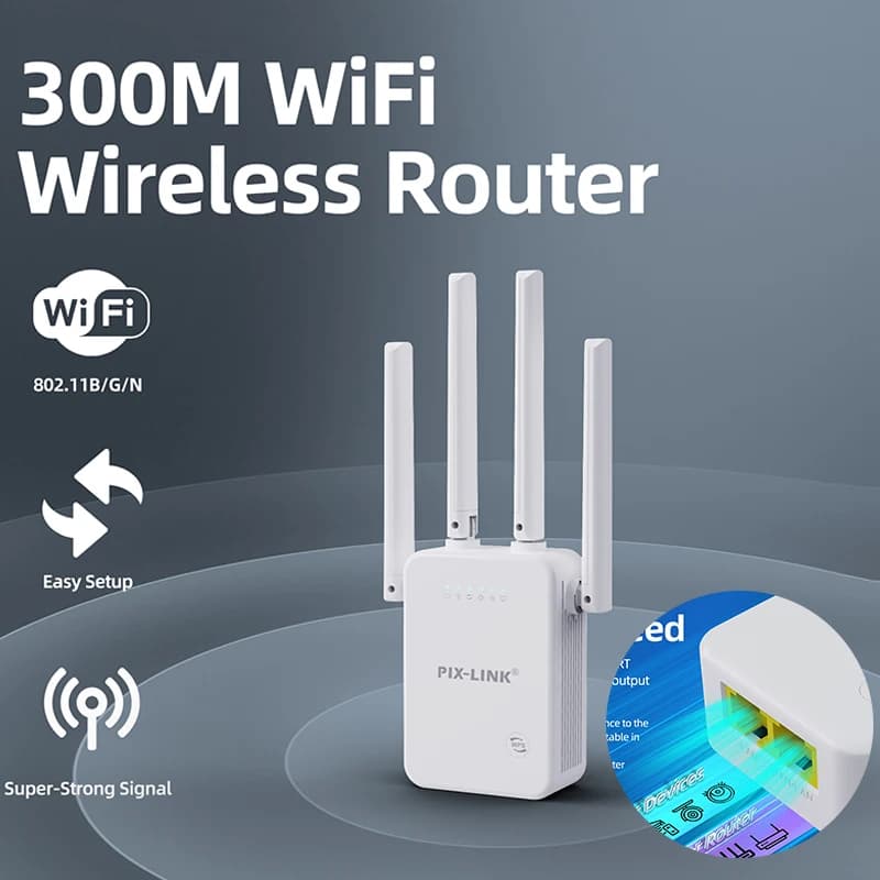 PIX-LINK WR47D4Q Ripetitore WiFi a Doppia Porta 300Mbps, Router Wireless Modalità AP, 4 Antenne, WPA3, Amplificatore WiFi 2.4GHz per H