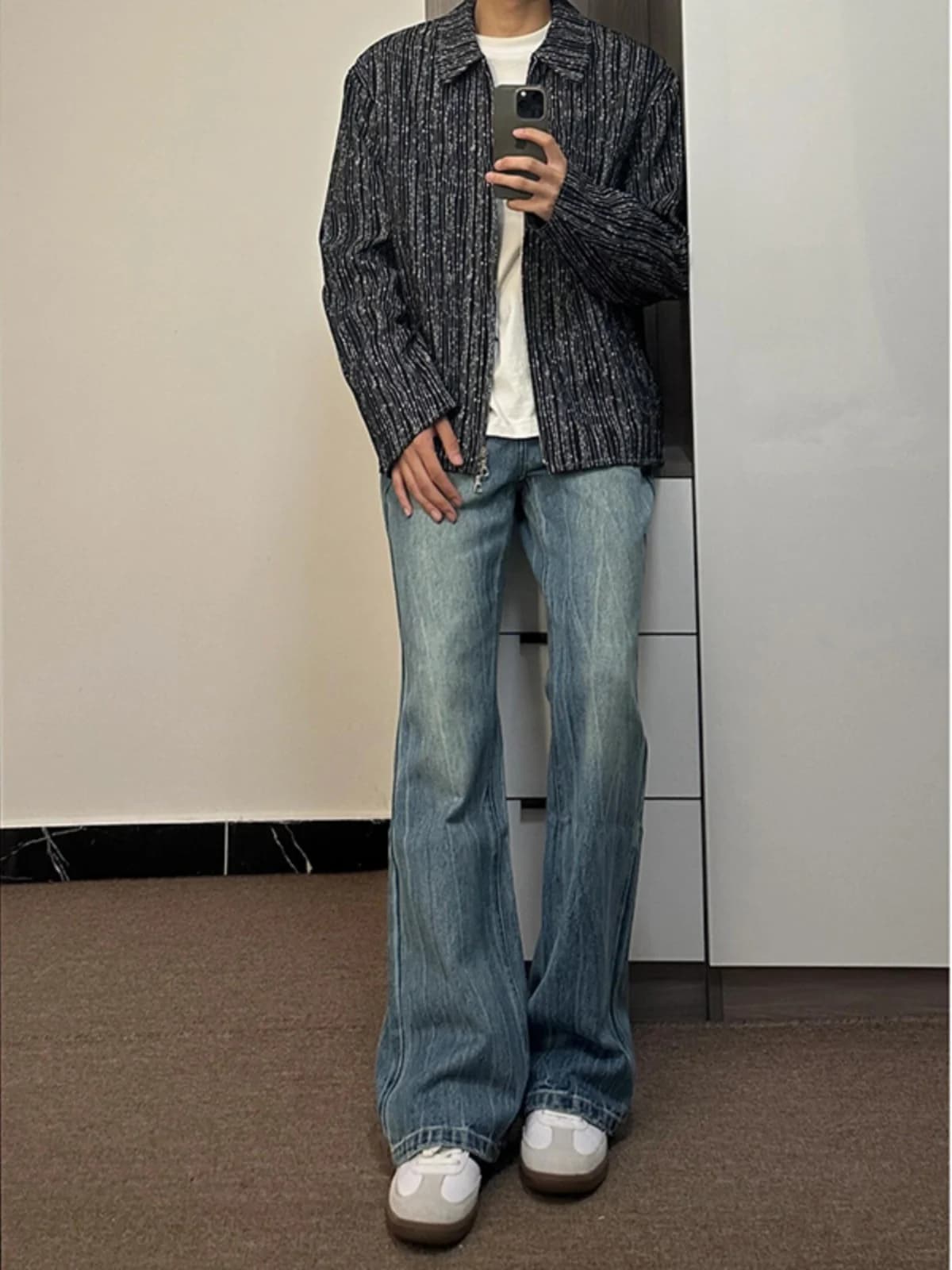 Light Blue Lightning Pattern Men's Jeans High Waist Straight Leg American High Street Faion Autumn Trend Wear Resistant