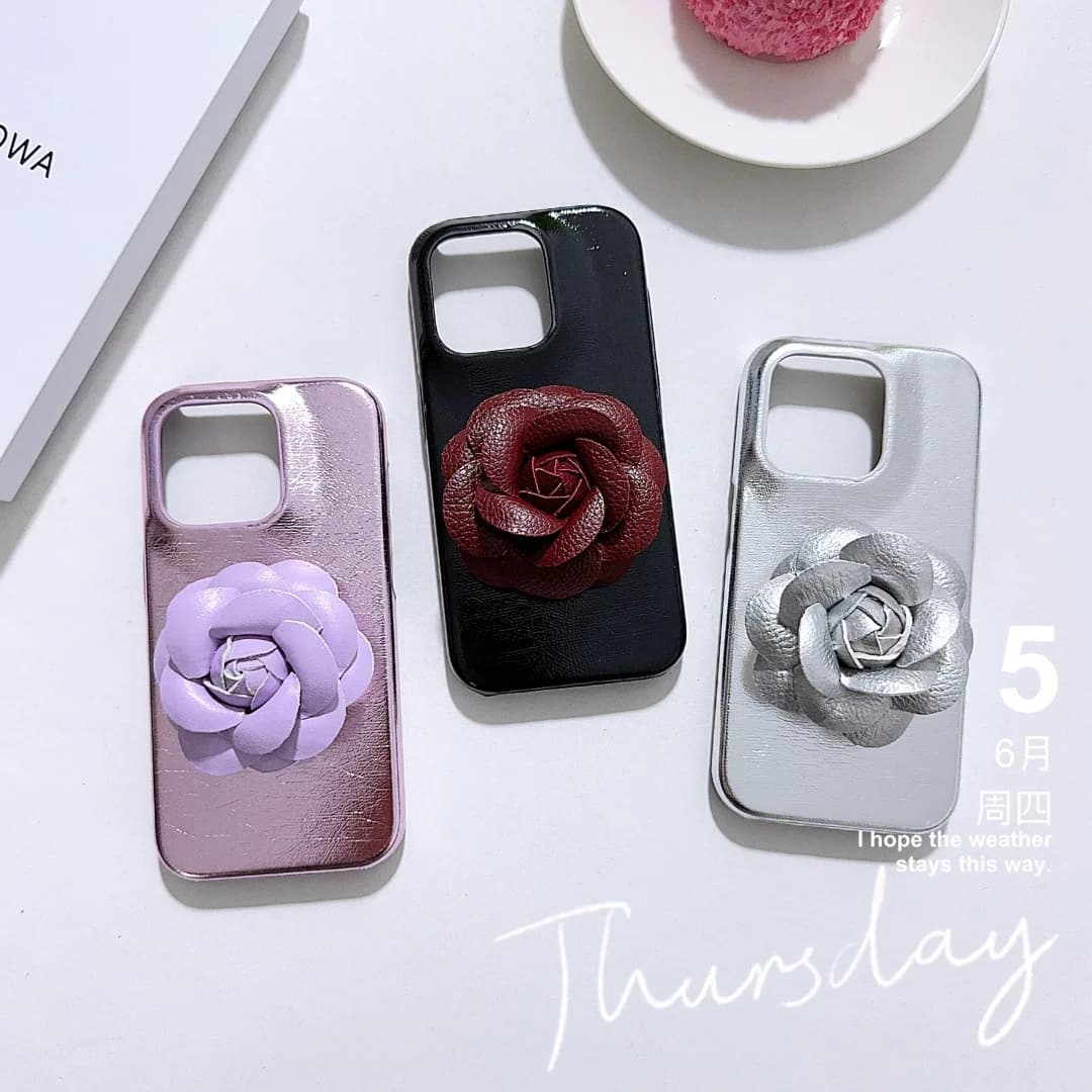 Luxury fashion 3D Camellia PU leather Case for iPhone 16 16e 15 14 Phone Cover 15 14 13 12 11 Pro MAX Hard Shockproof Back Funda