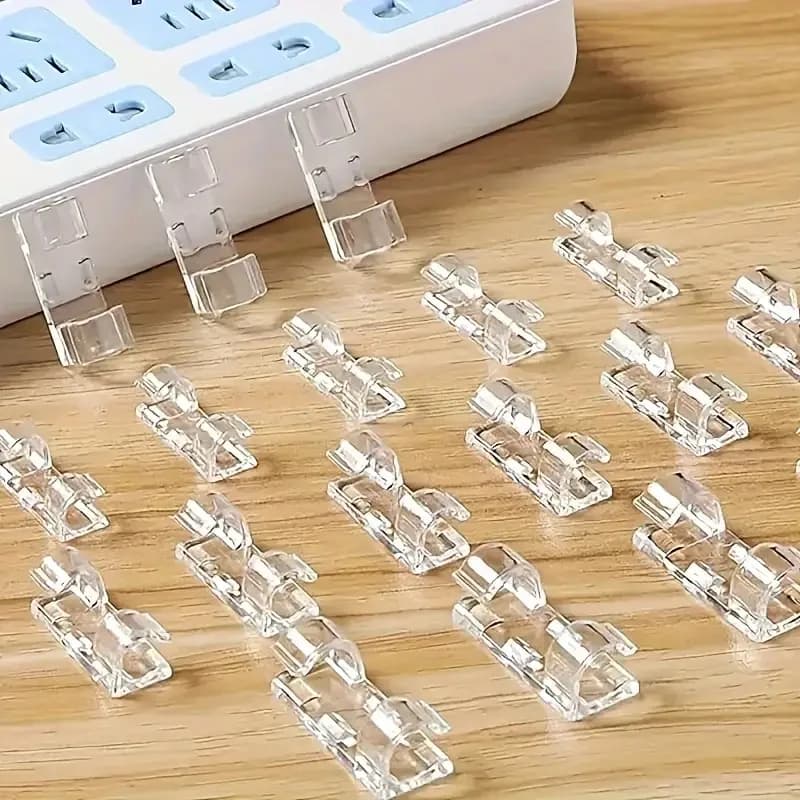 20Pcs Clear Plastic Cable Clips - Transparent Wire Organizers for Wall & Desk Cable Management, Adhesive Cord Holders