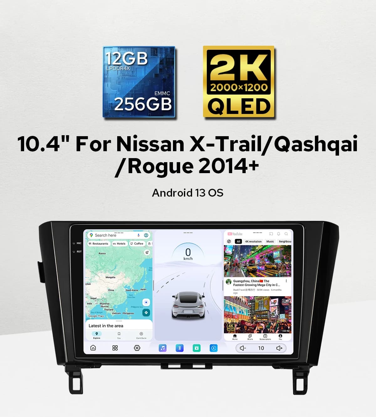 Autoradio Specializzato per Nissan X-Trail Qashqai Rogue 2014 e Successivi, Schermo QLED 10.4" 2K 2000*1200, Sistema Audio per Auto 12+256GB