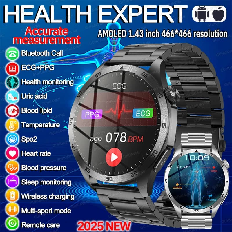 Per iOS Android Nuova misurazione della salute SmartWatch da uomo Ossigeno nel sangue Acido urico ECG + PPG Pressione sanguigna corporea Orologio da chiamata Bluetooth HD