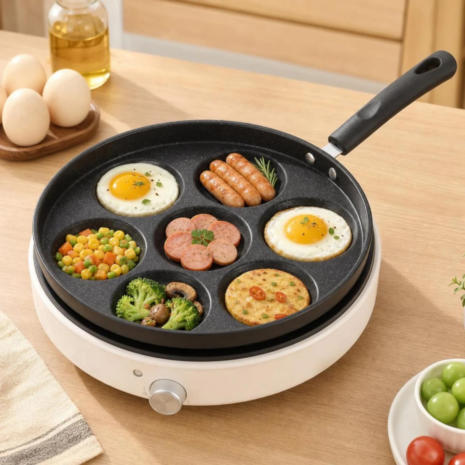 7-Cup Egg Pan Multi-Cavity Egg Frying Pan Skillet Maifan Stone Style Cookware Easy Release for Families, Breakfast, Kitchen
